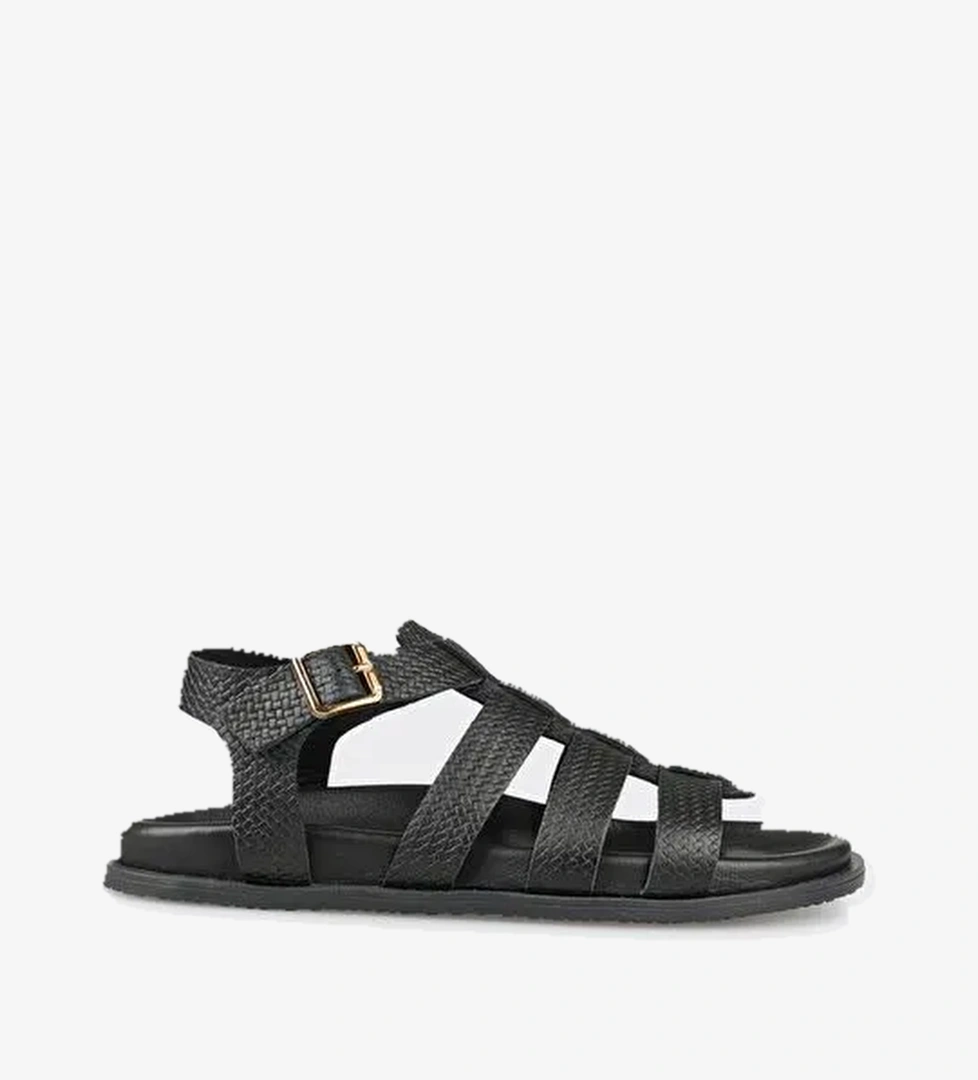 Siyah Deri Kadın Düz Sandalet - Görsel 1