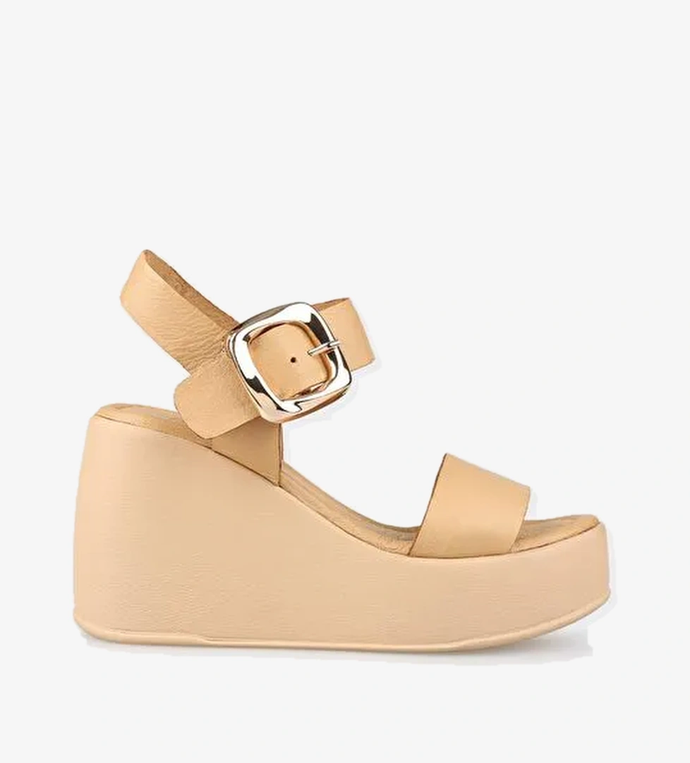 Naturel Deri Kadın Dolgu Topuk Sandalet - Görsel 1