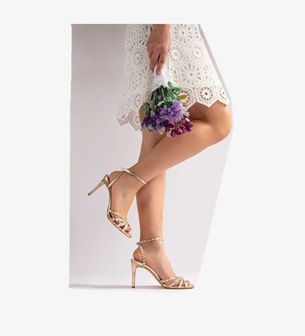 Suzana Kadın Topuklu Abiye Sandalet Altın Kristal - Görsel 1