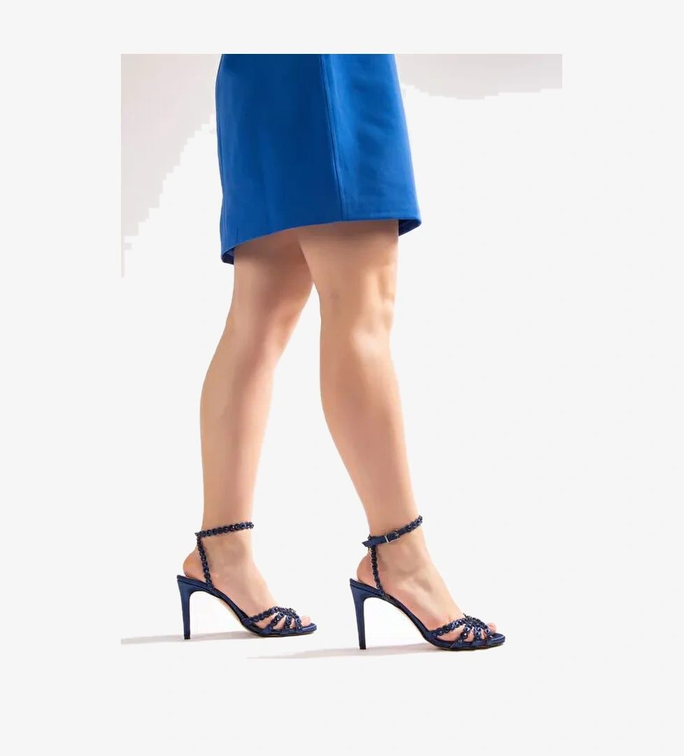 Suzana Kadın Topuklu Abiye Sandalet Lacivert Saten - Görsel 1