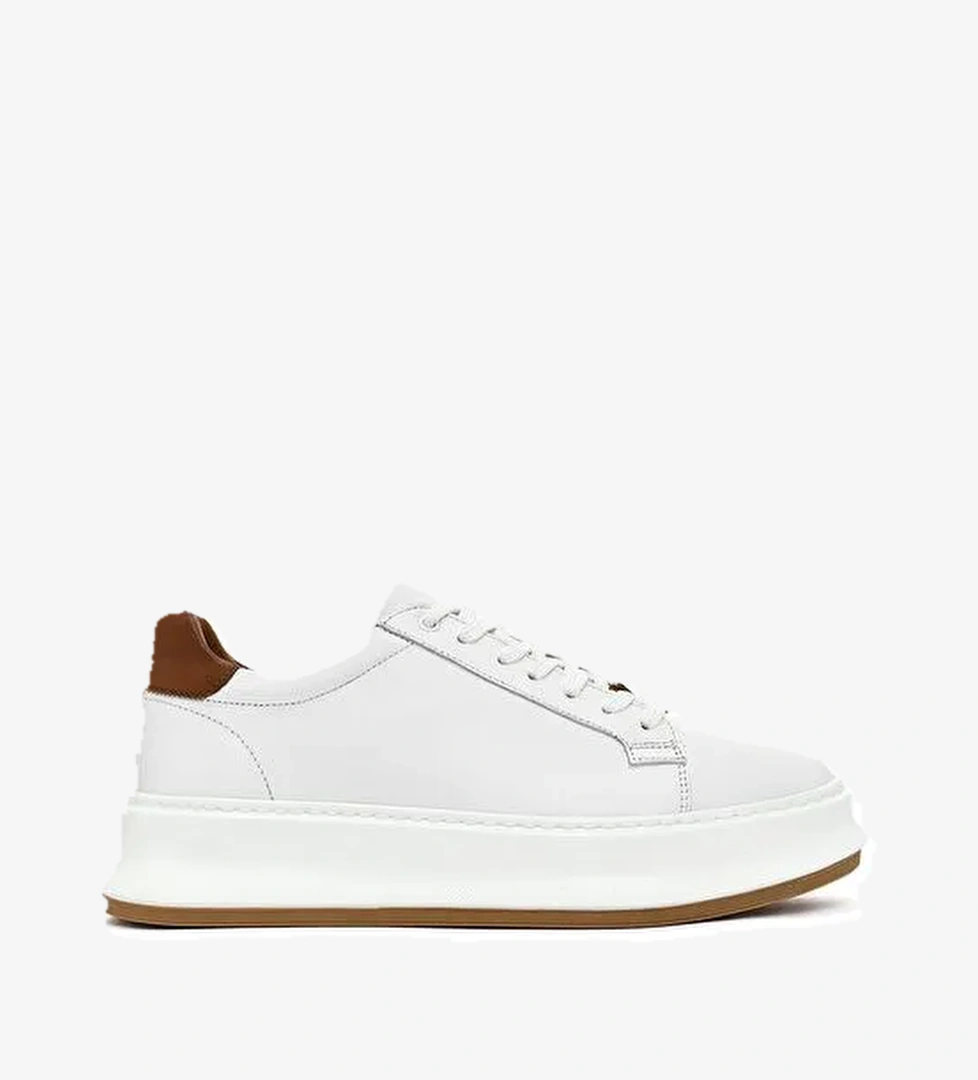 Erkek Beyaz Bağcıklı Kalın Tabanlı Deri Sneaker 25SFD675118 - Görsel 1
