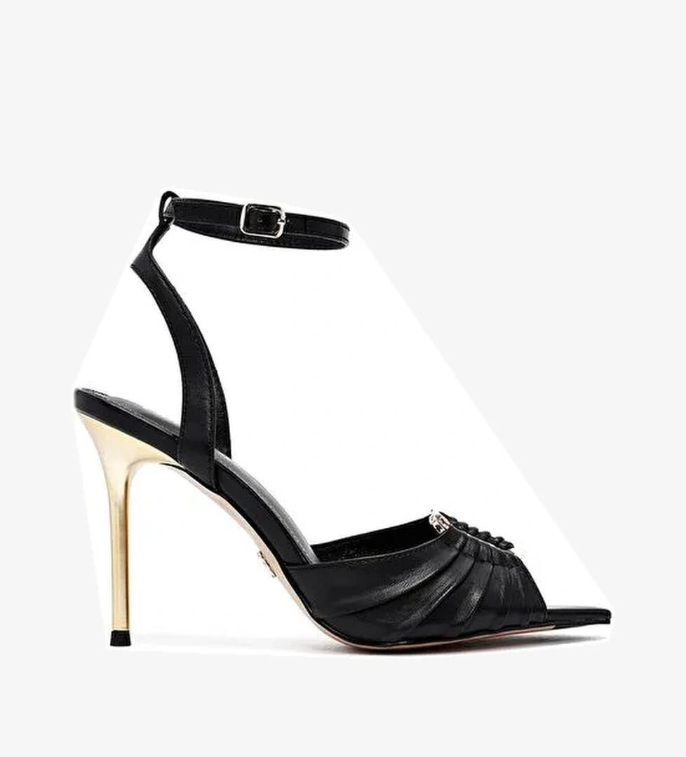 Kadın Siyah Bilekten Tokalı Yüksek İnce Topuklu Deri Sandalet 25SFD494718 - Görsel 1