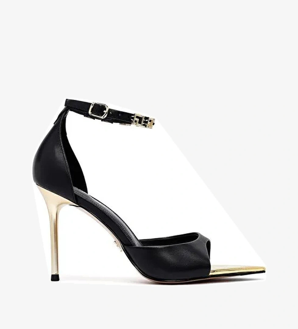 Kadın Siyah Bilekten Tokalı İnce Topuklu Deri Sandalet 25SFD494818 - Görsel 1