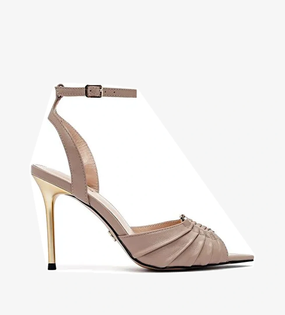 Kadın Bej Bilekten Tokalı Yüksek İnce Topuklu Deri Sandalet 25SFD494718 - Görsel 1
