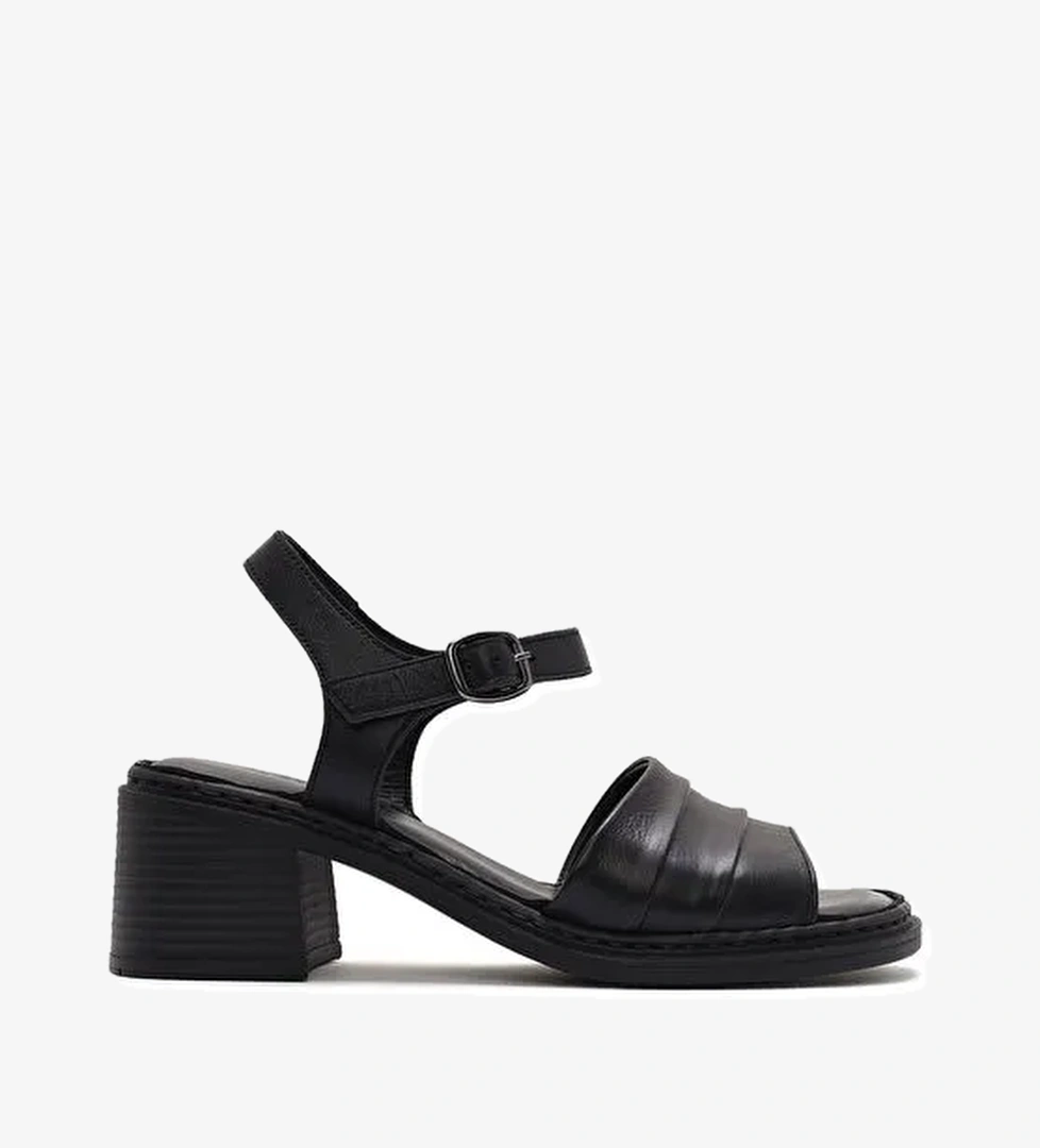 Kadın Siyah Bilekten Bağlamalı Kalın Topuklu Deri Sandalet 25SFD342918 - Görsel 1
