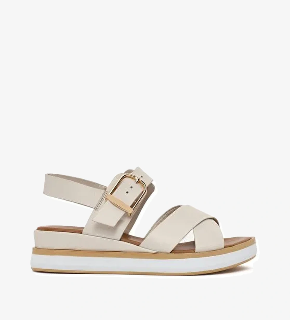 Kadın Krem Bilekten Tokalı Kalın Tabanlı Deri Sandalet 25SFD550418 - Görsel 1