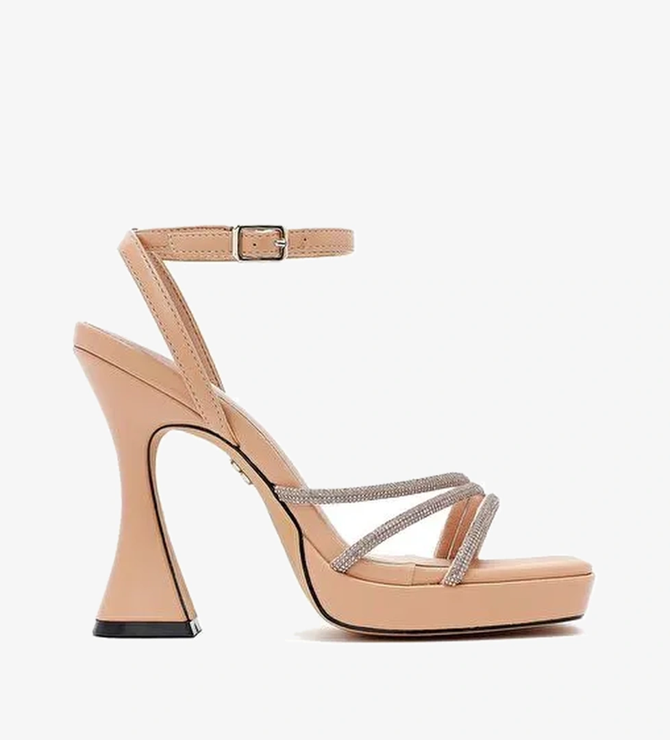 Kadın Bej Bilekten Bağlamalı Kalın Yüksek Topuklu Abiye Sandalet 25SFD441014 - Görsel 1