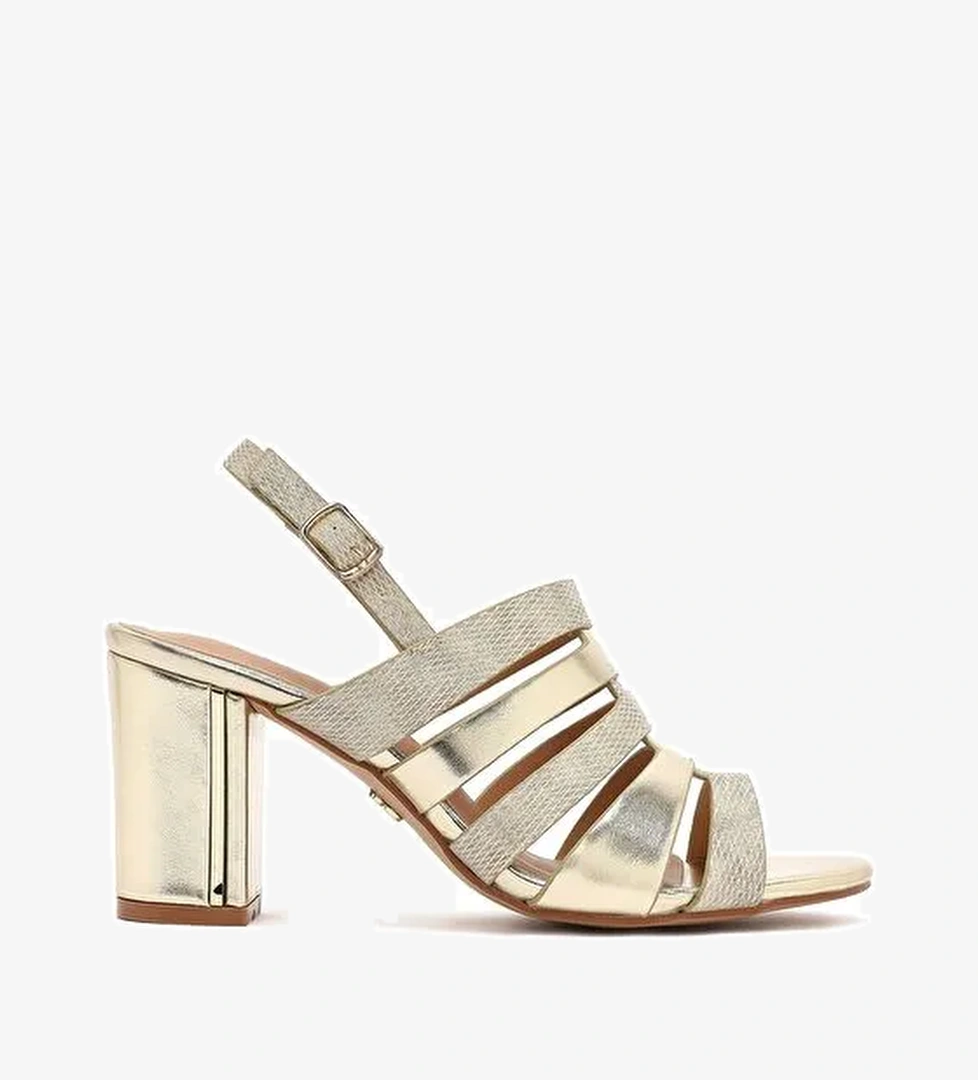 Kadın Altın Bilekten Tokalı Kalın Topuklu Metalik Sandalet 25SFE466632 - Görsel 1