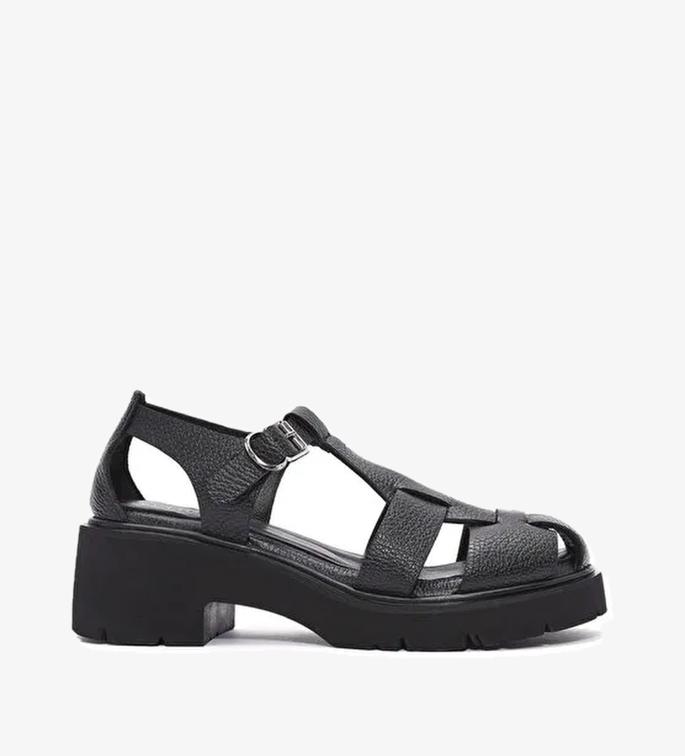 Kadın Siyah Bilekten Bağlamalı Kalın Topuklu Deri Sandalet 25SFD2016FT - Görsel 1