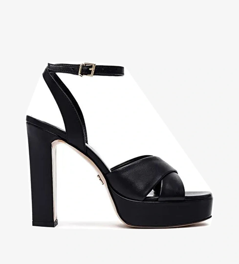 Kadın Siyah Bilekten Tokalı Platform Yüksek Kalın Topuklu Deri Sandalet 25SFD120418 - Görsel 1