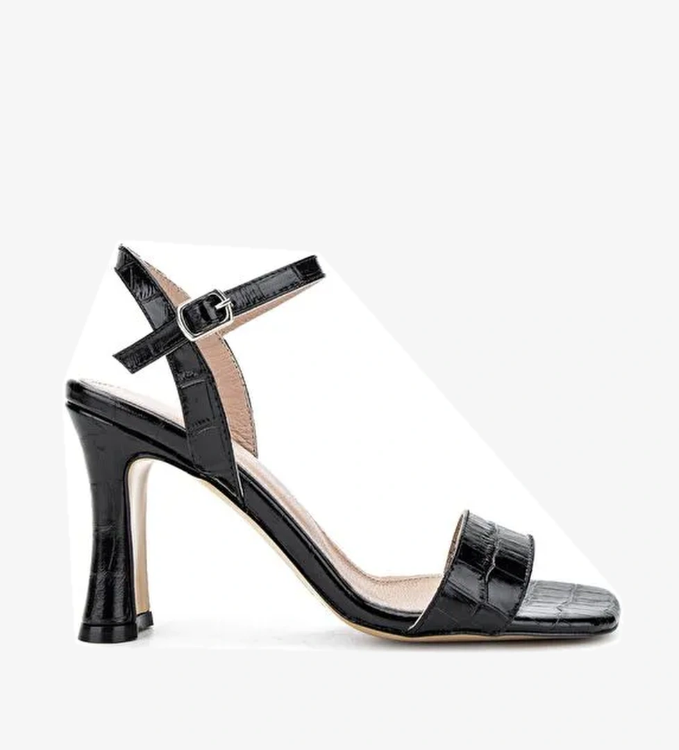 Tamer Tanca Kadın Hakiki Deri Siyah Kroko Topuklu Ayakkabı - Görsel 1