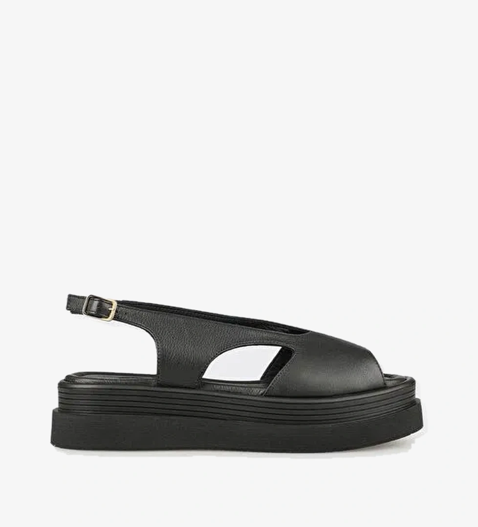 Siyah Deri Kadın Topuklu Sandalet - Görsel 1