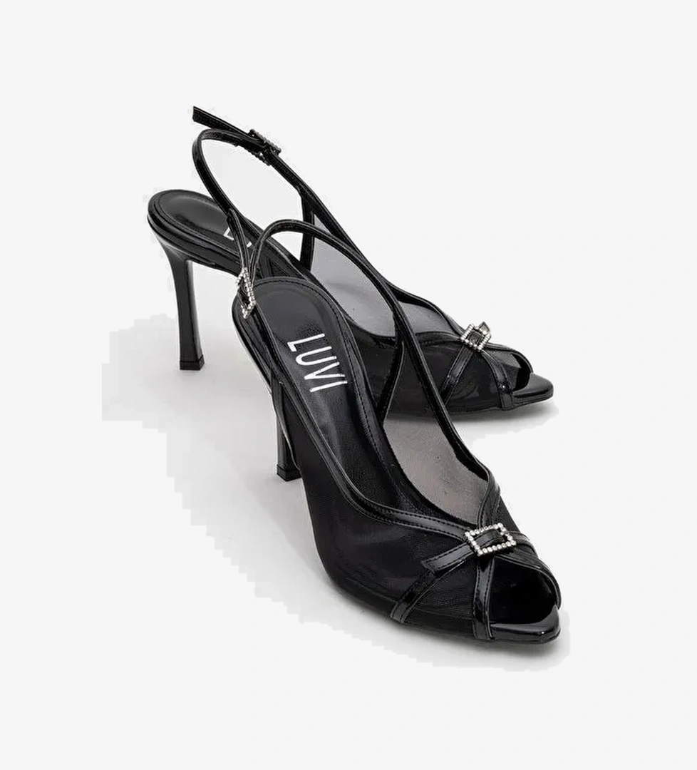 ELYSE Siyah Rugan Fileli Kadın Yüksek Topuklu Abiye Ayakkabı