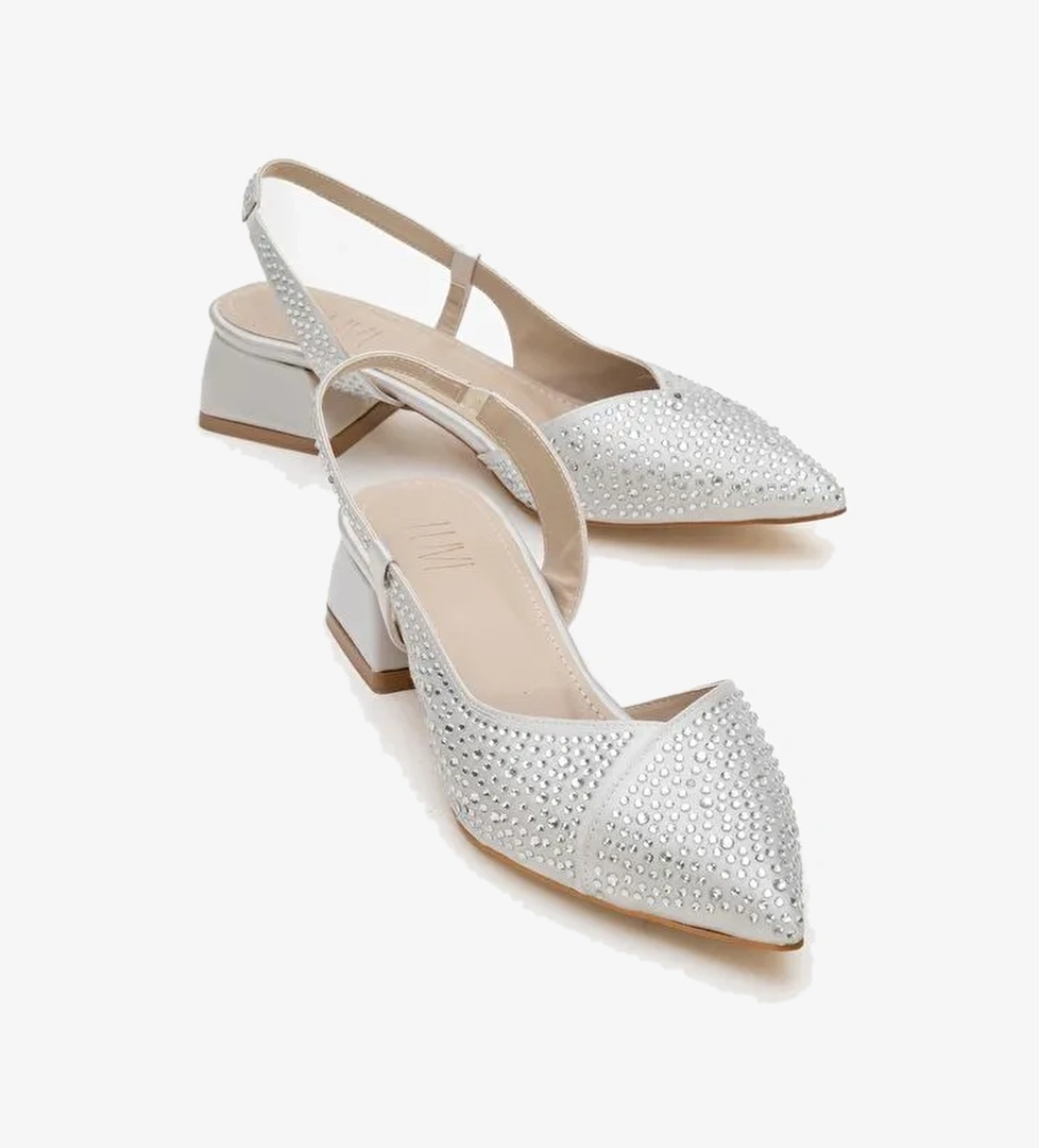 SELLA Gümüş Saten Taşlı Kadın Kısa Topuklu Ayakkkabı - Görsel 1