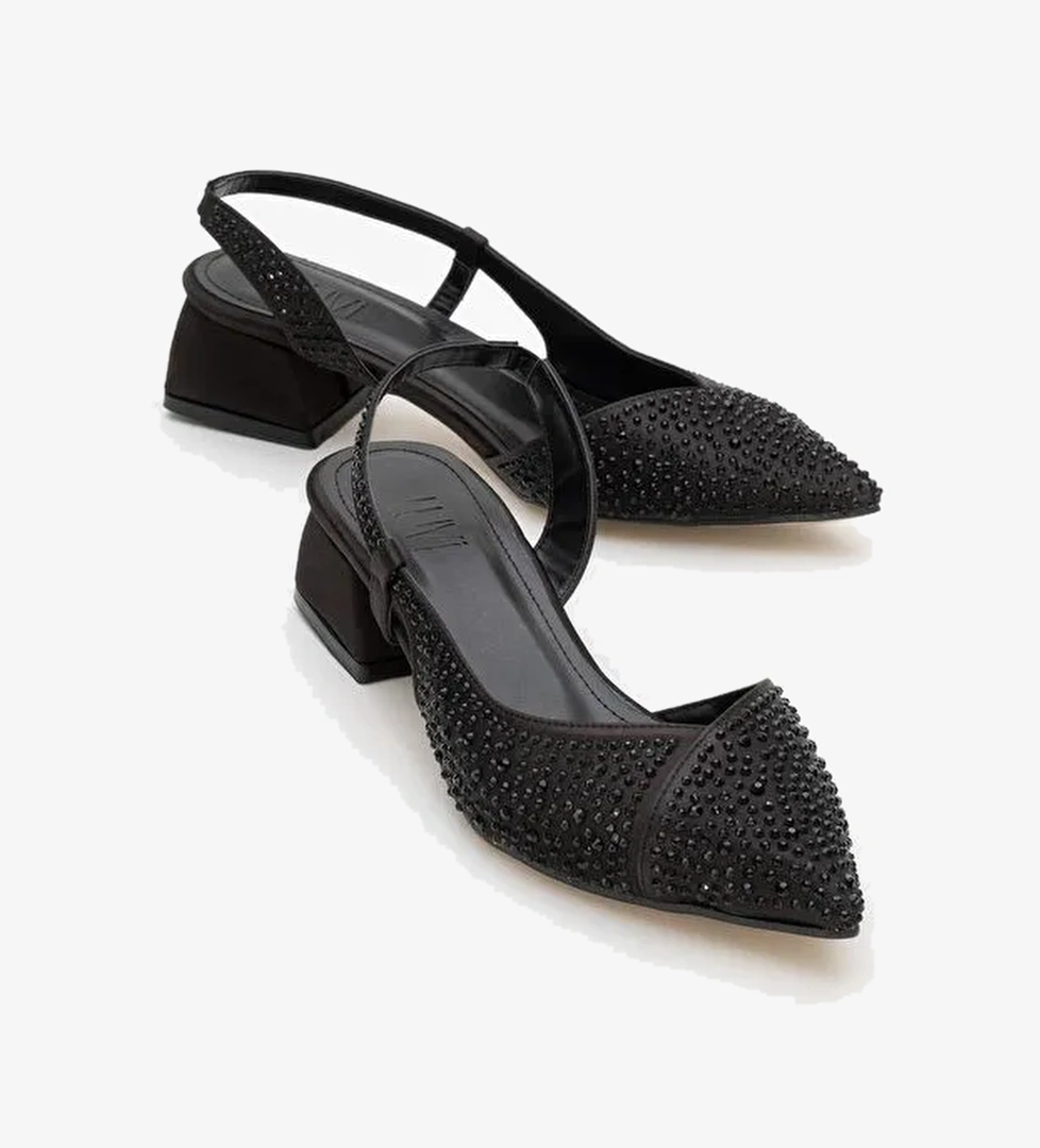 SELLA Siyah Saten Taşlı Kadın Kısa Topuklu Ayakkkabı - Görsel 1