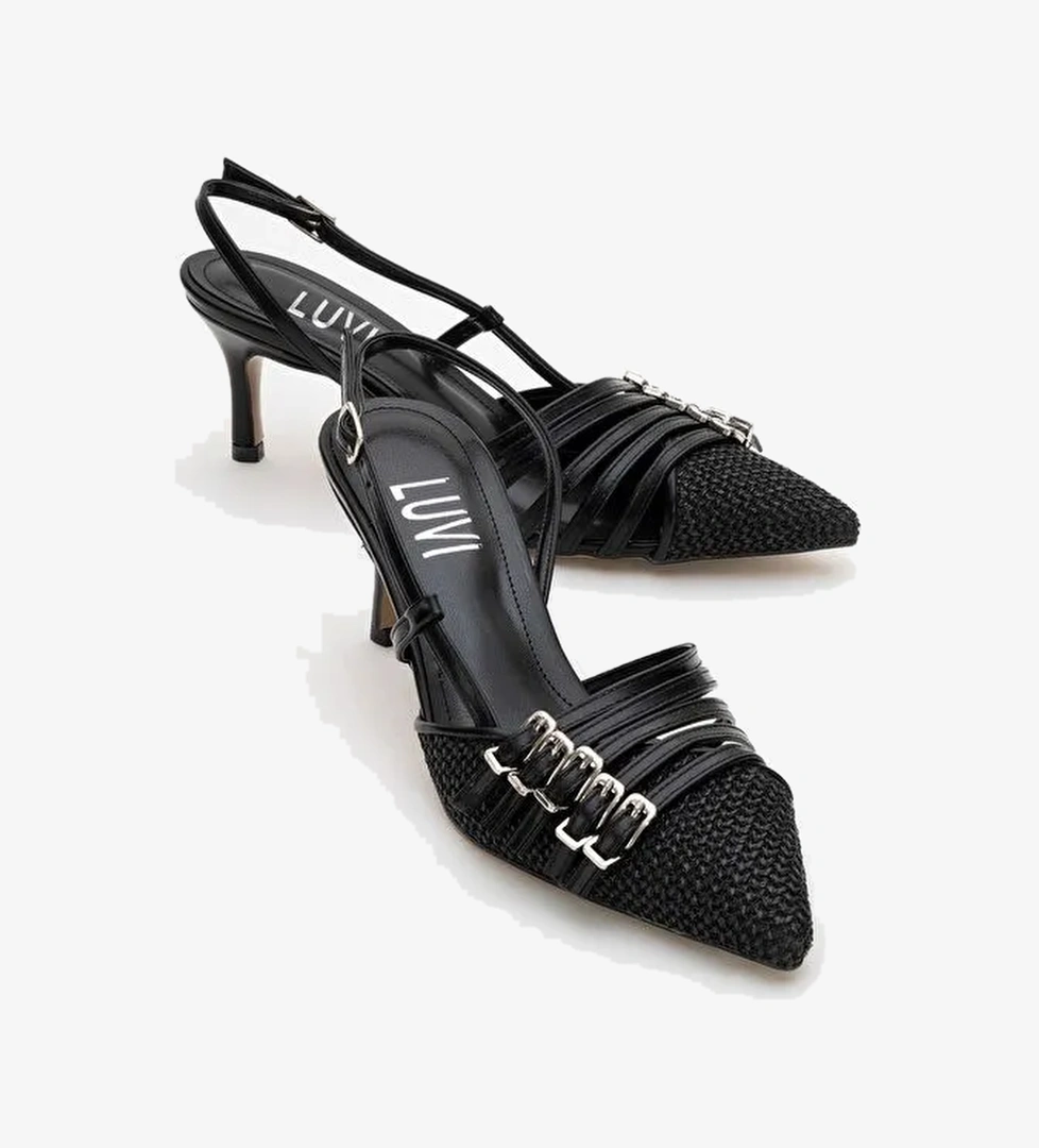 ZENİTH Siyah Hasır Bantlı Tokalı Kadın Topuklu Ayakkabı - Görsel 1