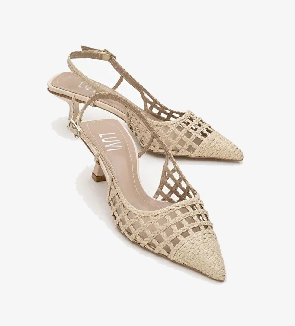 HEAVEN Bej Örme Arkası Açık Kadın Kısa Topuklu Ayakkabı - Görsel 1