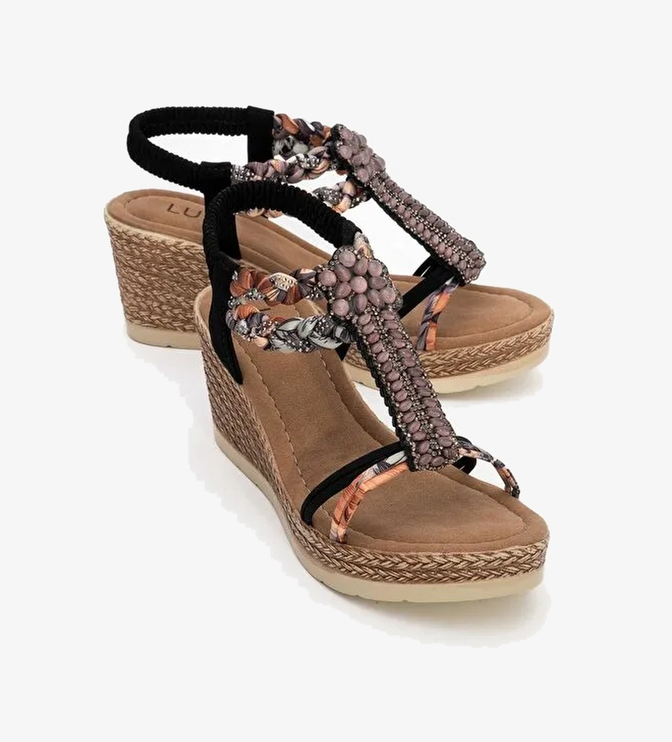 SOGNO Siyah Taşlı Kadın Dolgu Topuklu Sandalet - Görsel 1