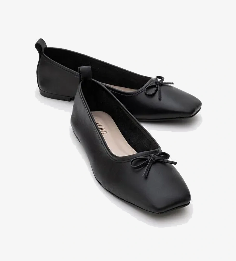 SOSA Siyah Cilt Hakiki Deri Küt Burunlu Fiyonklu Kadın Babet Ayakkabı - Görsel 1