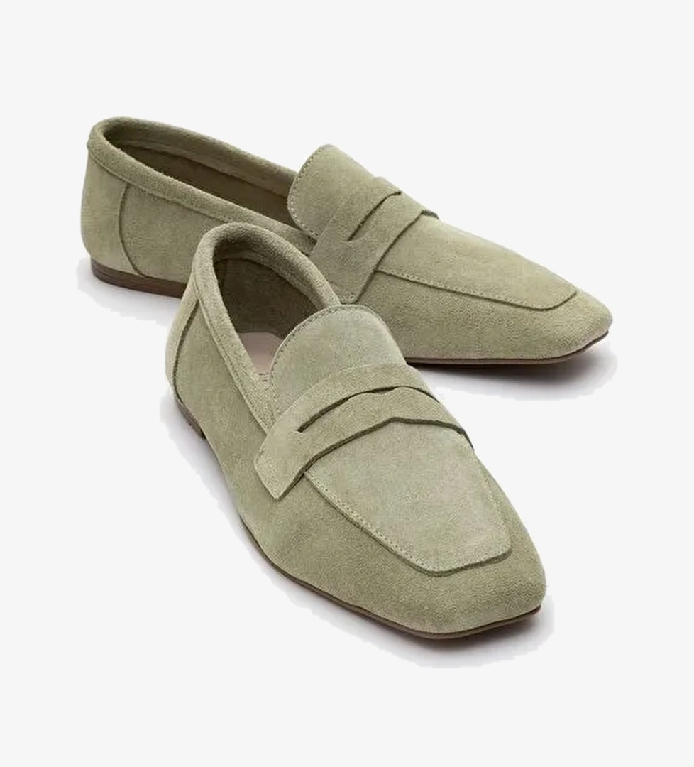 MORNE Yeşil Süet Hakiki Deri Kadın Loafer Ayakkabı - Görsel 1