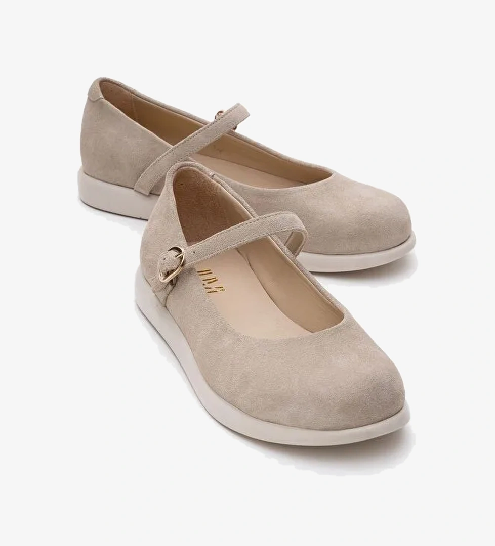 ANİSA Bej Süet Bantlı Hakiki Deri Kadın Babet Ayakkabı - Görsel 1