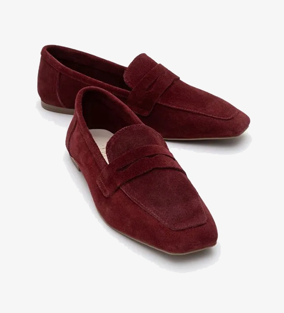 MORNE Bordo Süet Hakiki Deri Kadın Loafer Ayakkabı - Görsel 1
