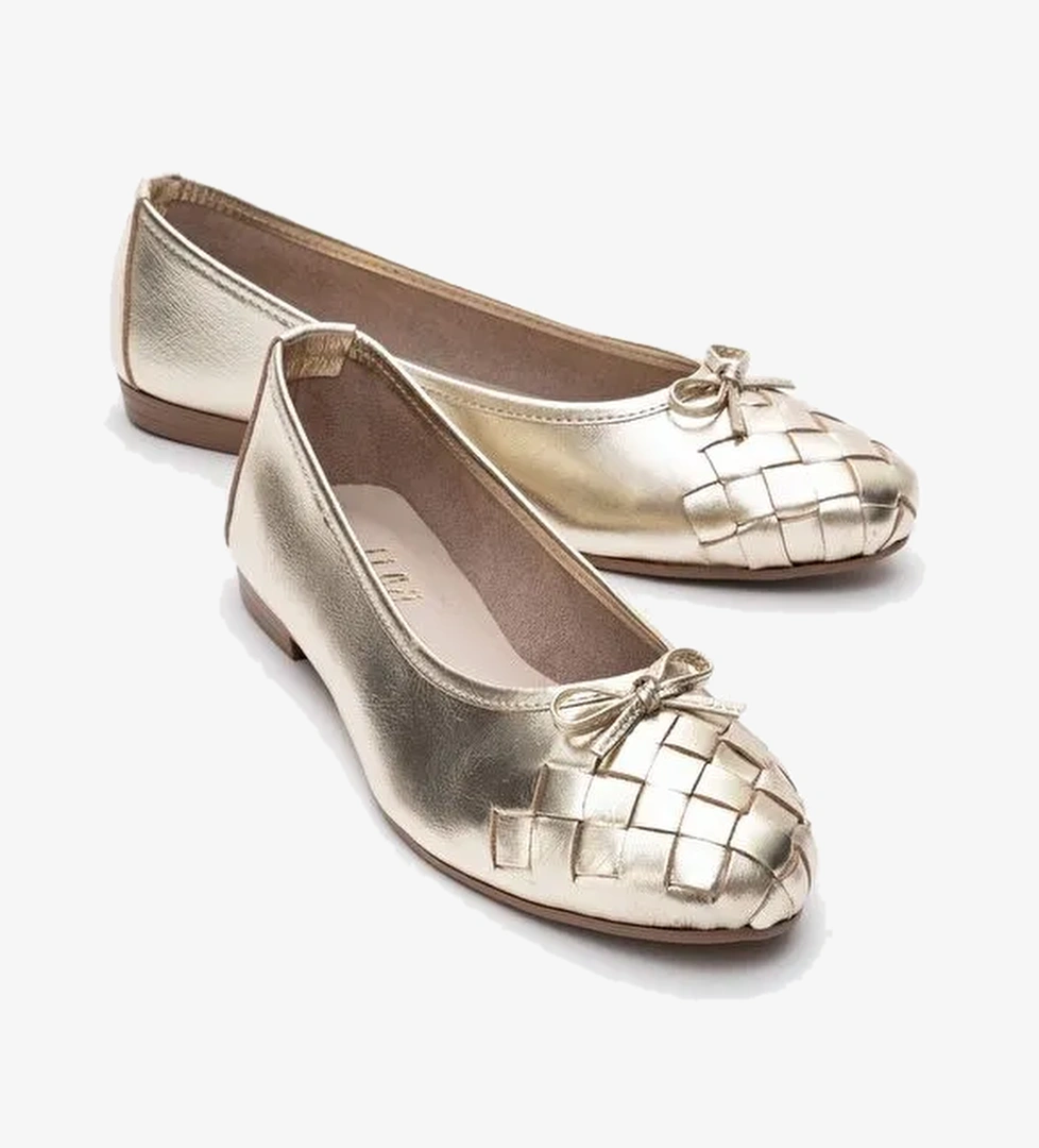 03 Altın Cilt Hakiki Deri Kadın Babet Ayakkabı - Görsel 1