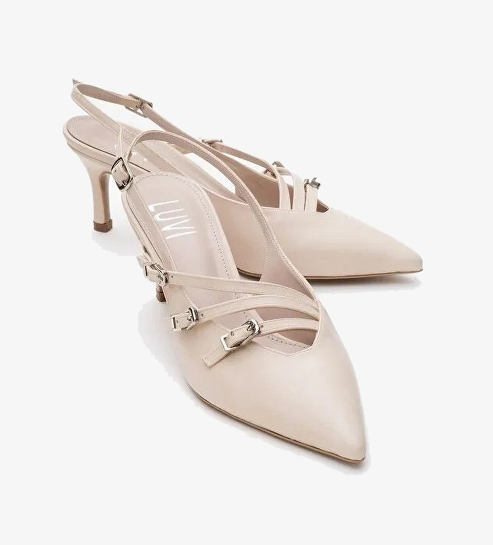 MAGRA Bej Cilt Sivri Burun Arkası Açık İnce Topuklu Kadın Ayakkabı - Görsel 1