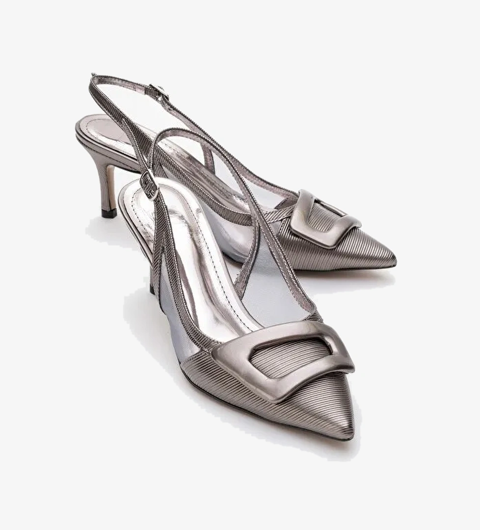 FOLEY Platin Çizgili Kadın Sivri Burun Arkası Açık İnce Topuklu Ayakkabı - Görsel 1