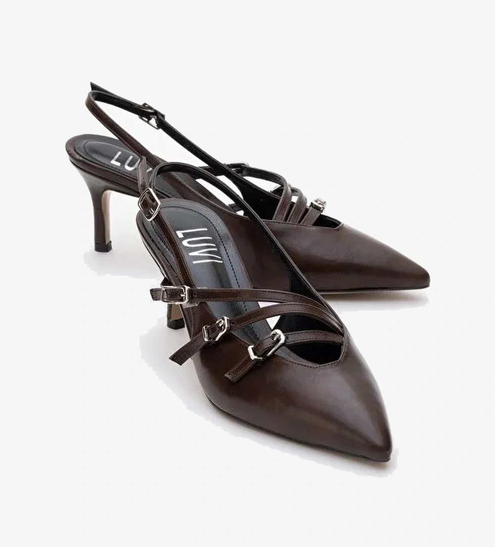 MAGRA Kahverengi Cilt Sivri Burun Arkası Açık İnce Topuklu Kadın Ayakkabı - Görsel 1