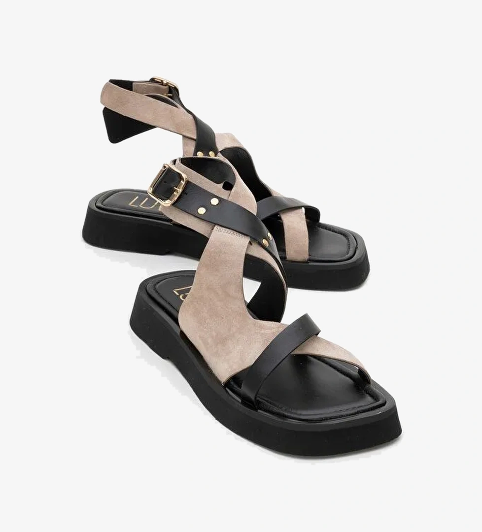 MİNNEA Siyah Gri Süet Hakiki Deri Kadın Sandalet - Görsel 1