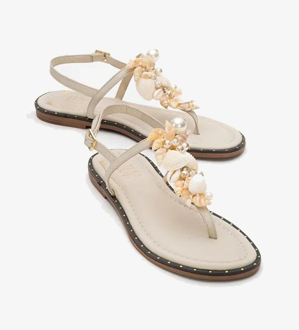 JOE Bej Deniz Kabuklu Hakiki Deri Parmak Arası Kadın Sandalet - Görsel 1