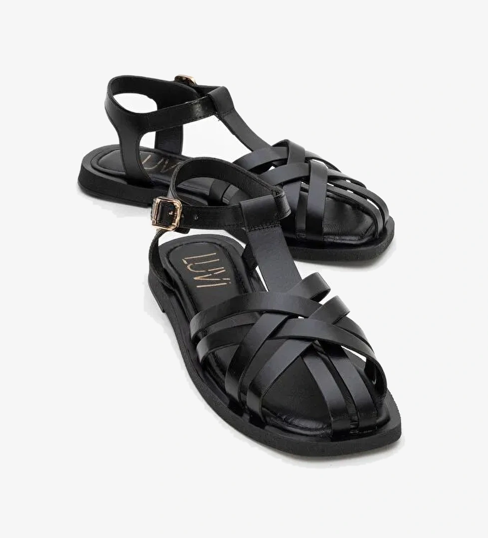 ANDRES Siyah Hakiki Deri Kadın Sandalet - Görsel 1