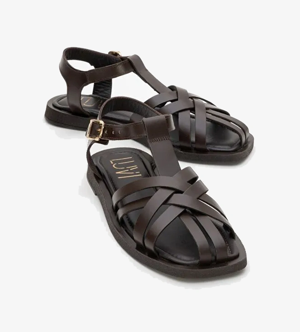 ANDRES Kahverengi Hakiki Deri Kadın Sandalet - Görsel 1