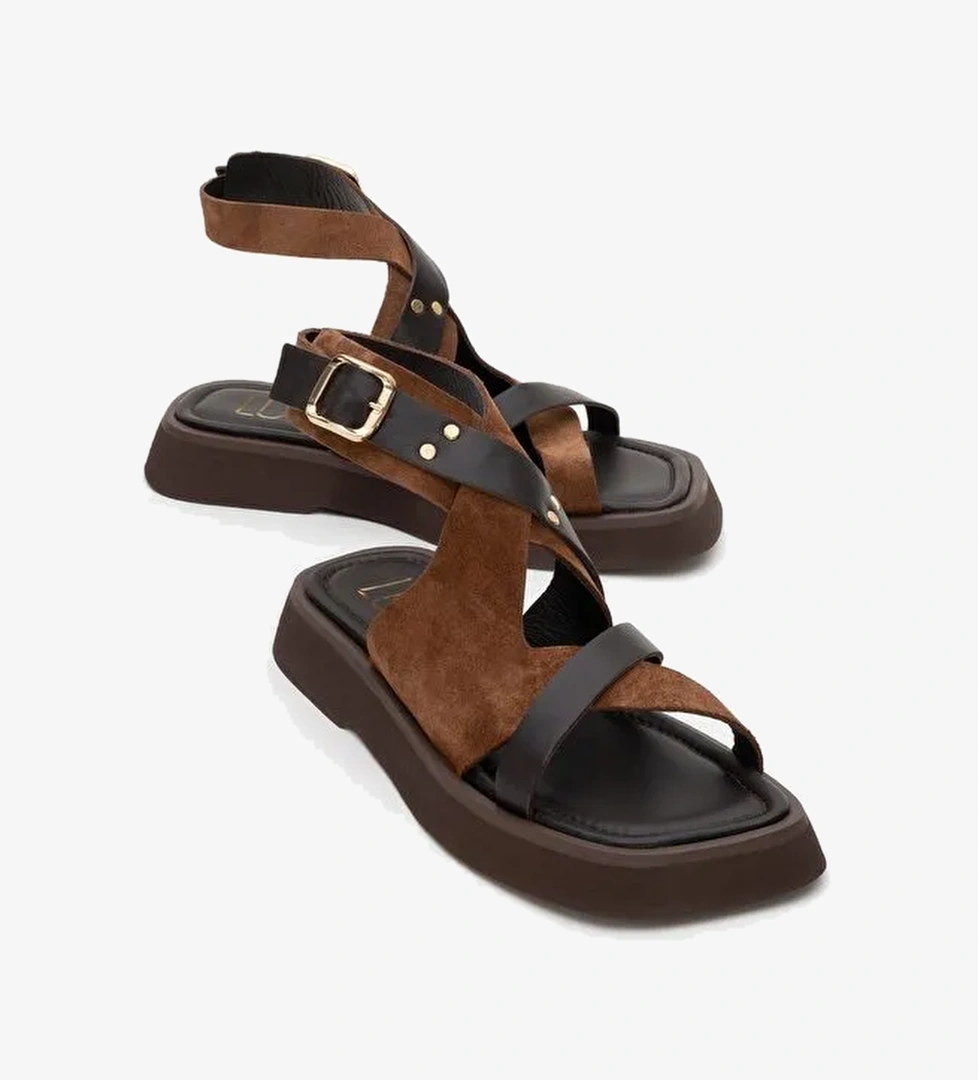 MİNNEA Kahverengi Süet Hakiki Deri Kadın Sandalet - Görsel 1