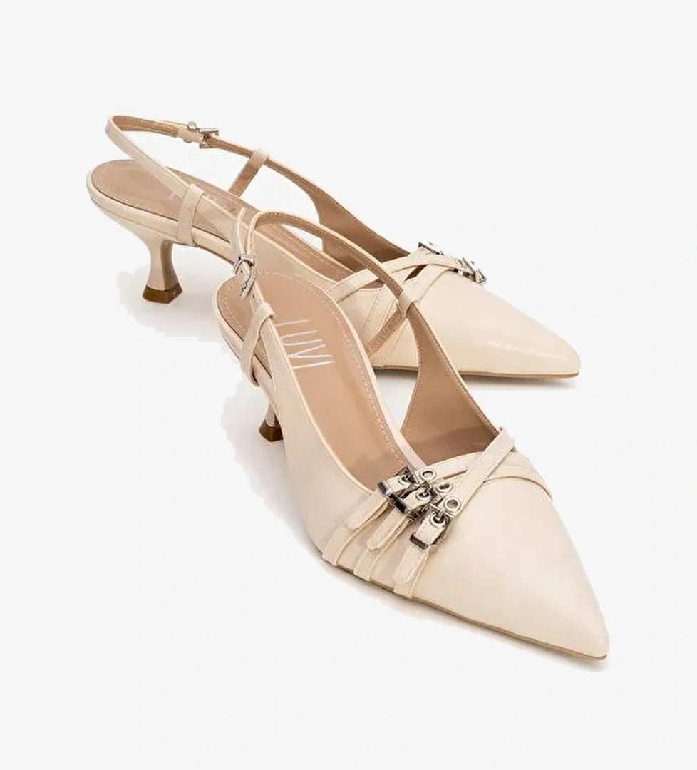 WOSS Bej Cilt Kemer Detaylı Kadın Topuklu Ayakkabı - Görsel 1