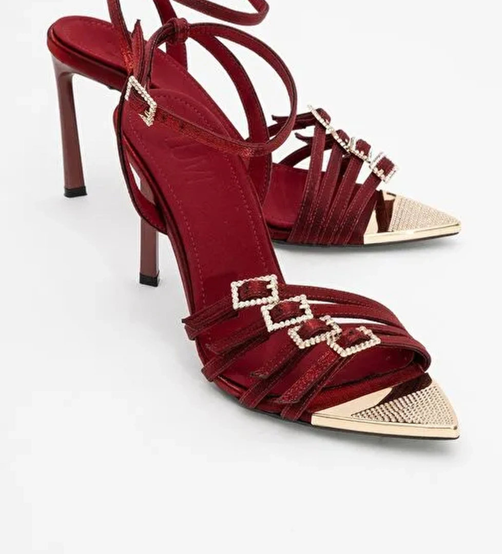 AURO Bordo Saten Taşlı Tokalı Kadın Topuklu Ayakkabı - Görsel 1