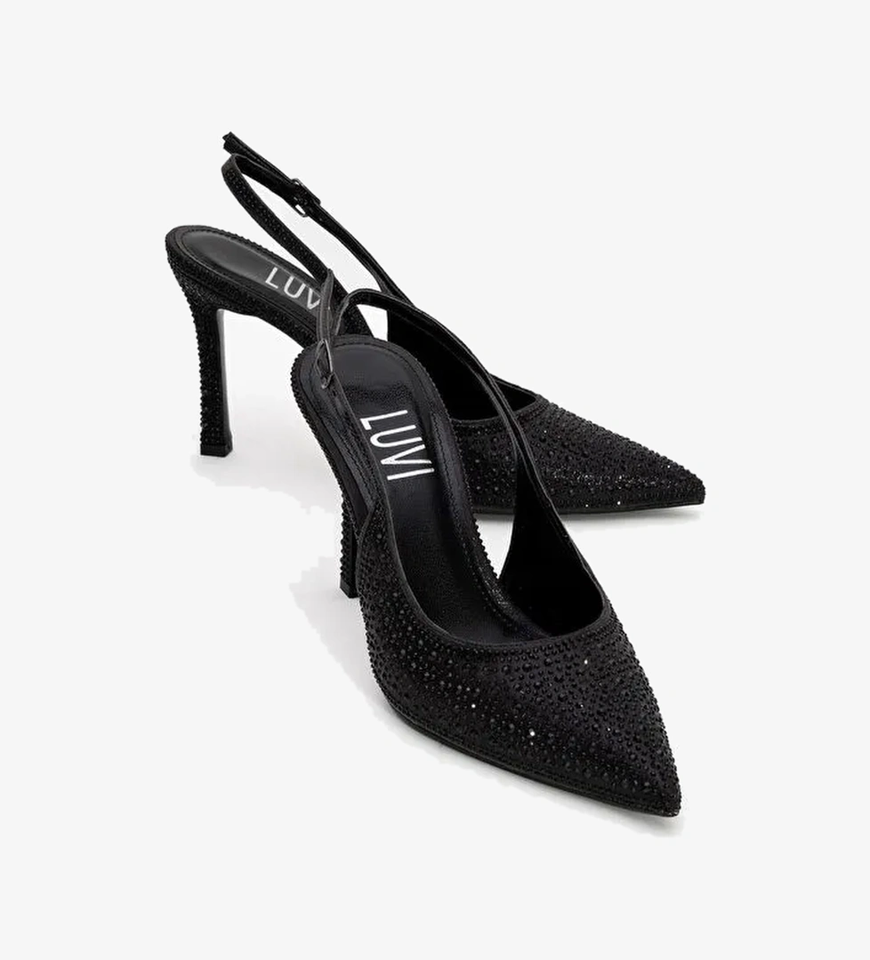 ROYA Siyah Taşlı Sivri Burun Kadın Topuklu Ayakkabı - Görsel 1