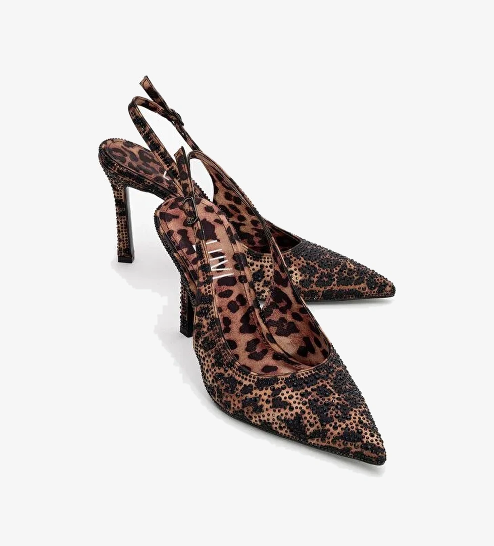 ROYA Siyah Sarı Desenli Saten Taşlı Sivri Burun Kadın Topuklu Ayakkabı - Görsel 1