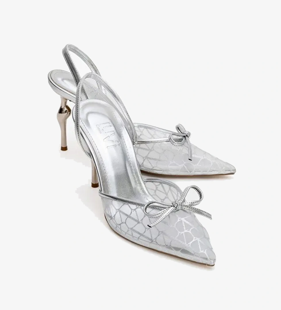 PEONY Gümüş Fileli Fiyonklu Sivri Burun Kadın Topuklu Ayakkabı - Görsel 1