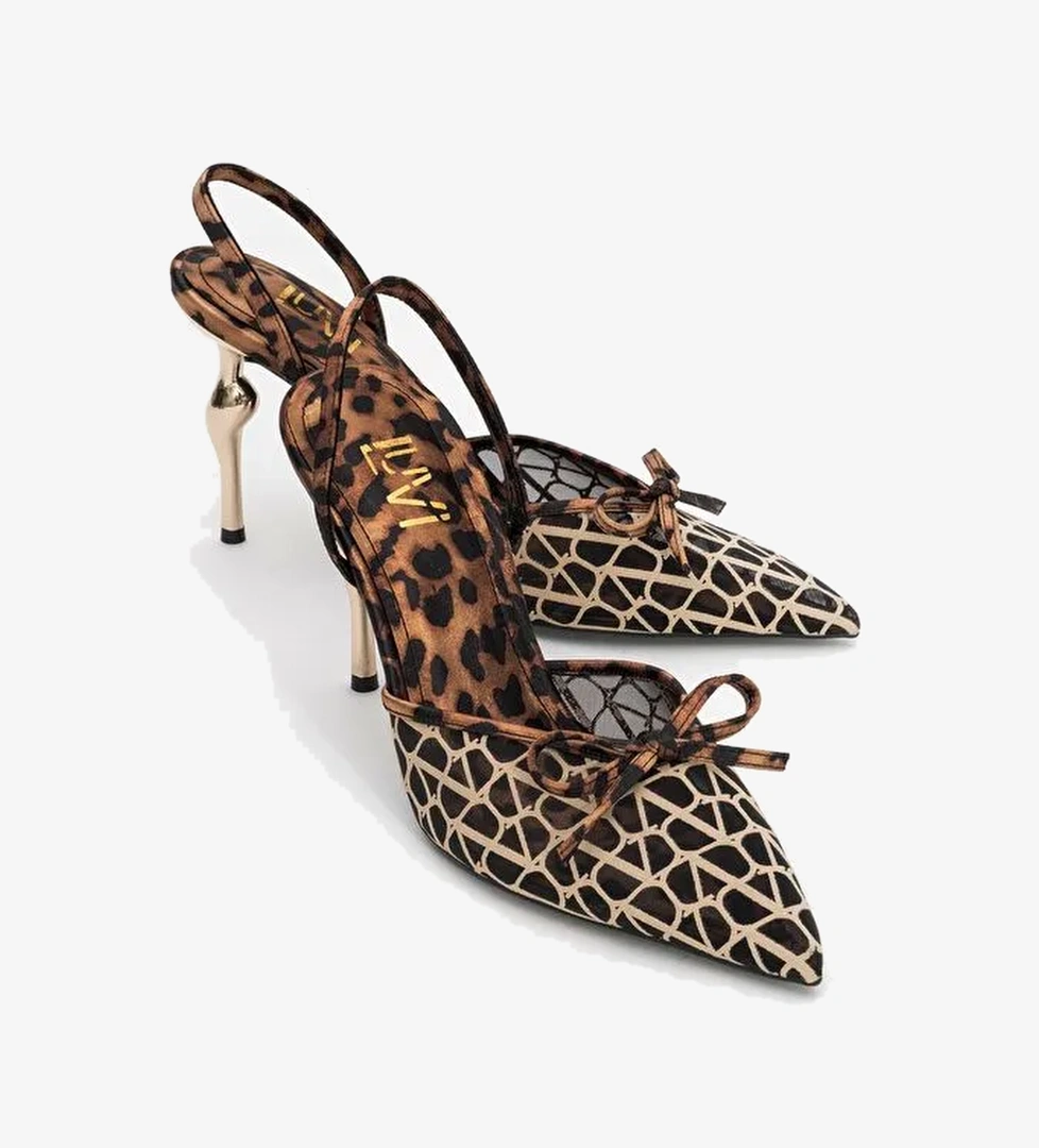 PEONY Siyah Sarı Desenli Fileli Fiyonklu Sivri Burun Kadın Topuklu Ayakkabı - Görsel 1