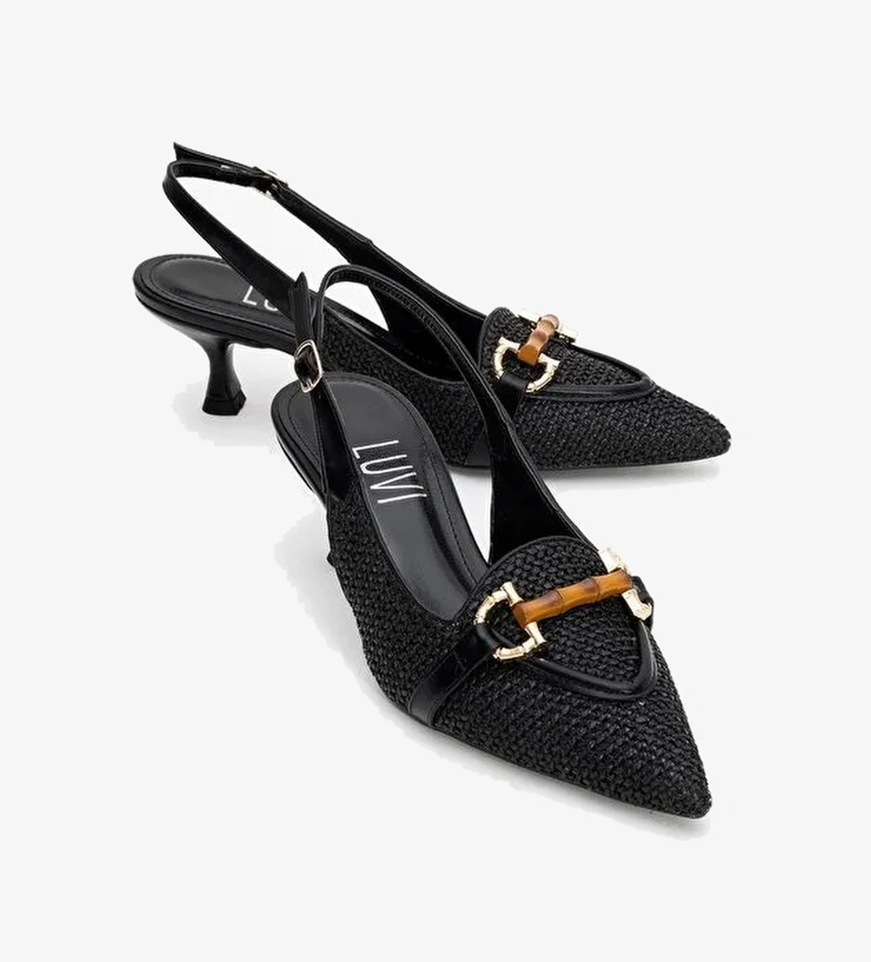 OSCA Siyah Hasır Tokalı Sivri Burun Kadın Topuklu Ayakkabı - Görsel 1