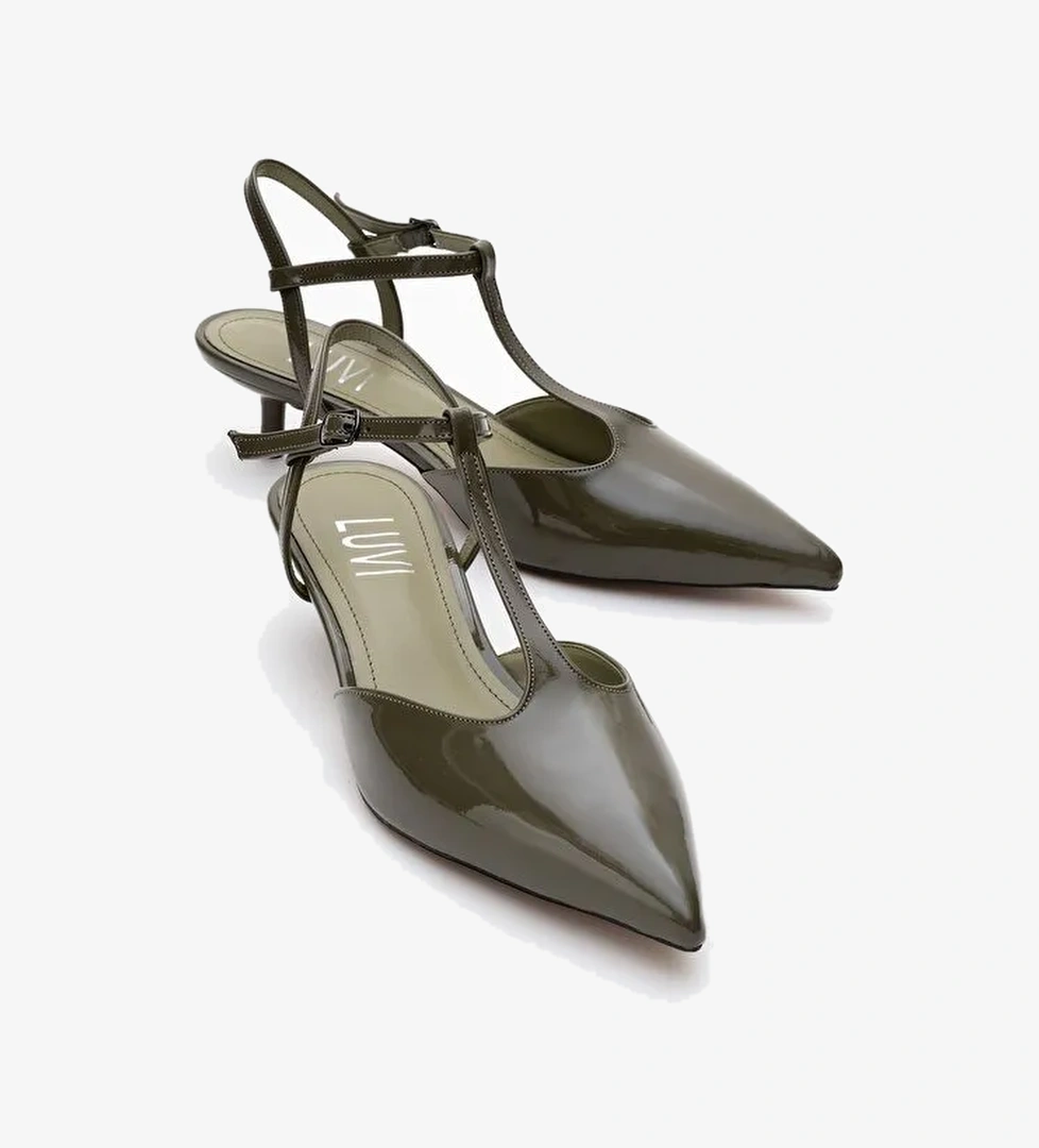 ASHER Haki Rugan Sivri Burun Arkası Açık Kadın Kısa Topuklu Ayakkabı - Görsel 1