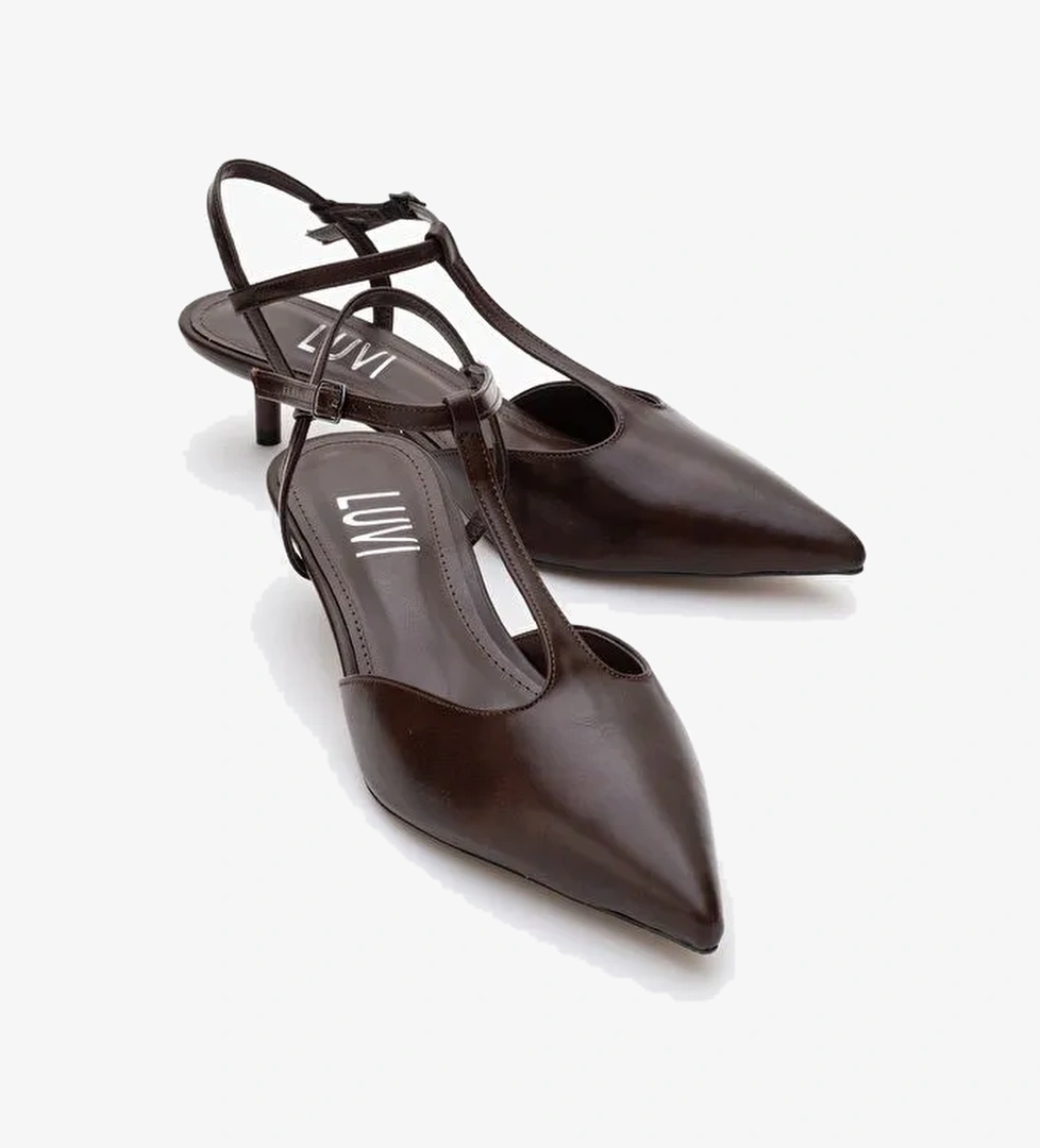 ASHER Kahverengi Cilt Sivri Burun Arkası Açık Kadın Kısa Topuklu Ayakkabı - Görsel 1