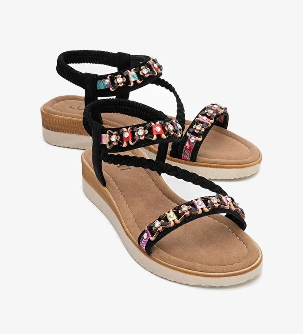YUAN Siyah Örgü Bantlı Taşlı Tokalı Kadın Sandalet - Görsel 1