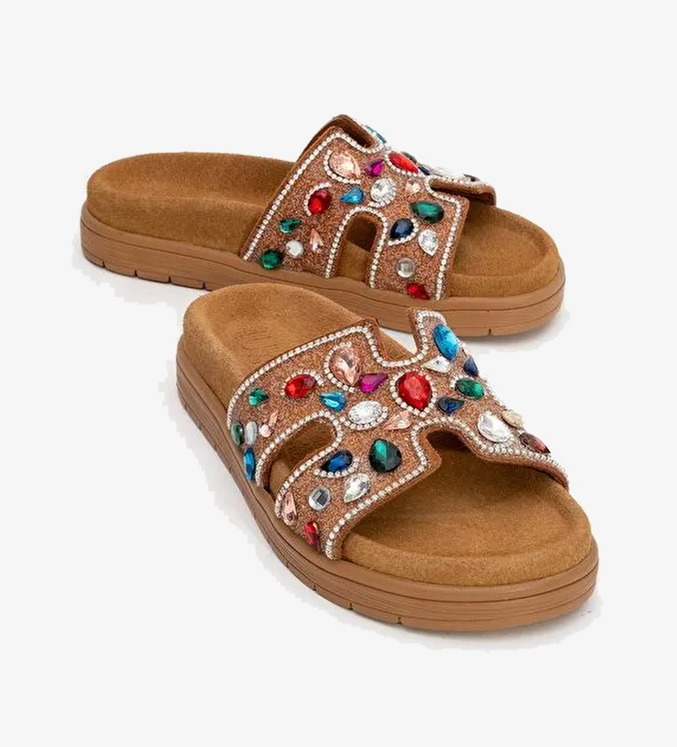 BRAVE Taba Hakiki Deri Renkli Taşlı Kadın Terlik - Görsel 1