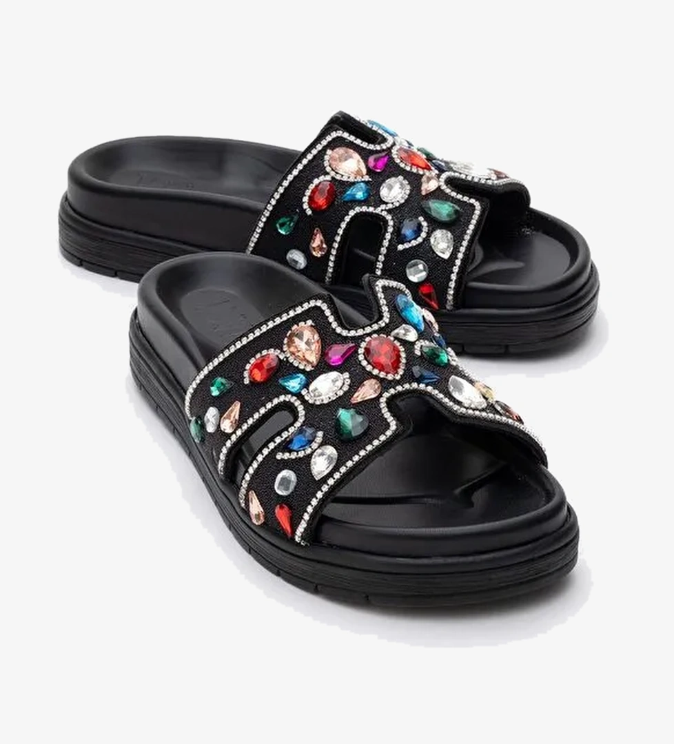 BRAVE Siyah Hakiki Deri Renkli Taşlı Kadın Terlik - Görsel 1