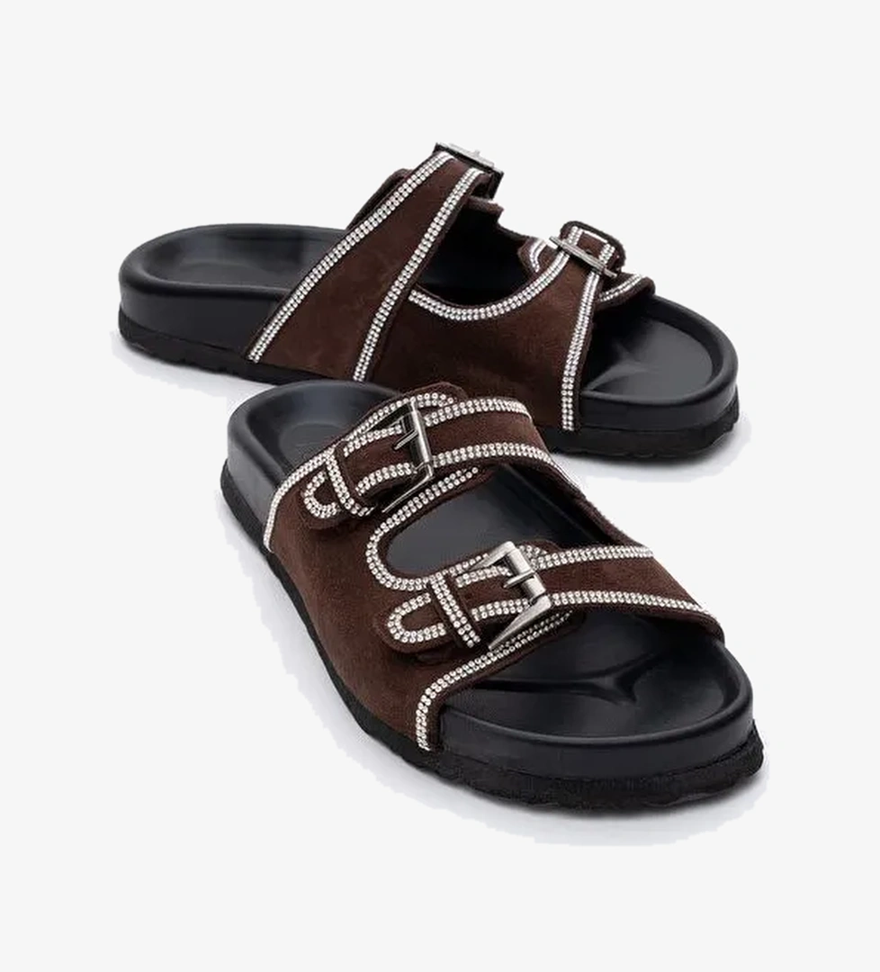 ALLEN Kahverengi Taşlı Hakiki Deri Süet Kadın Terlik - Görsel 1