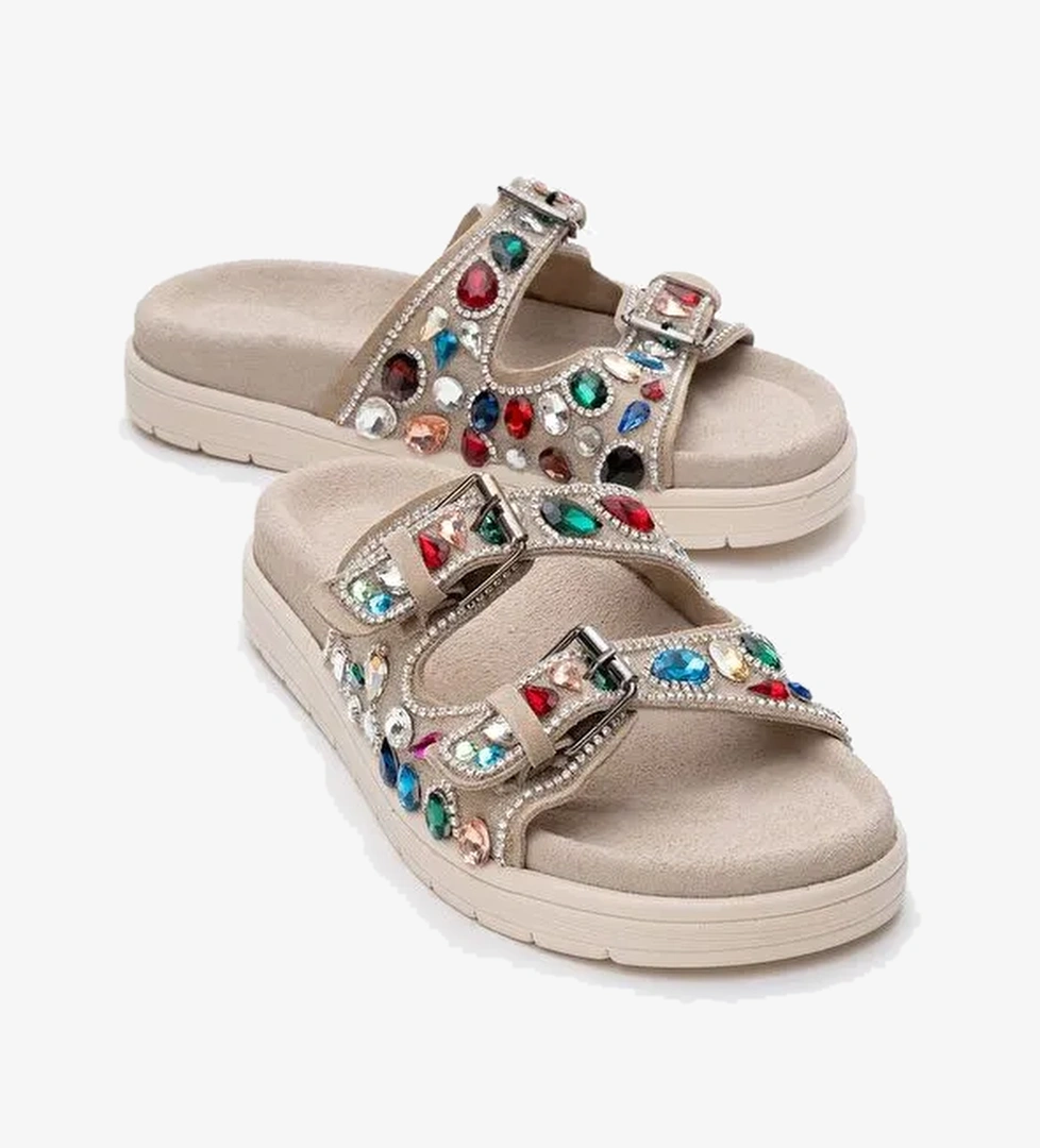 JULES Bej Süet Hakiki Deri Çift Bantlı Renkli Taşlı Kadın Terlik - Görsel 1