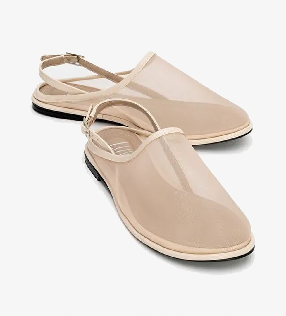 SHEN Krem Fileli Burnu Kapalı Kadın Sandalet - Görsel 1